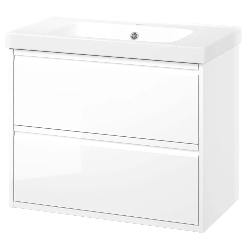 ÄNGSJÖN white bathroom vanity: glossy, wall-mounted, rectangular, sleek design with 2 drawers.