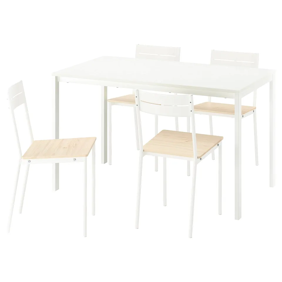 A white VIHALS dining set with a square table and four matching chairs, featuring clean minimalist design.