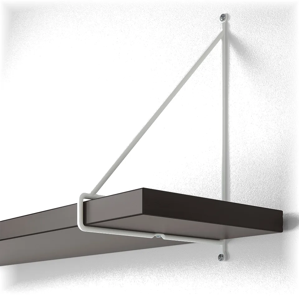 Modern wall shelf with minimalist design, securely mounted on wall with sturdy metal brackets.