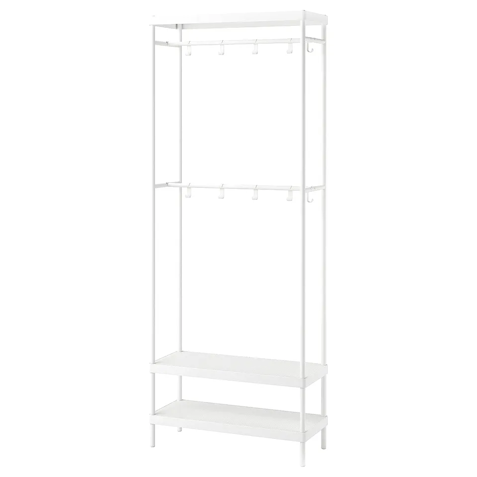 A white MACKAPÄR coat rack with shoe storage, made of steel, with hooks and shelves for organising clothing and footwear.