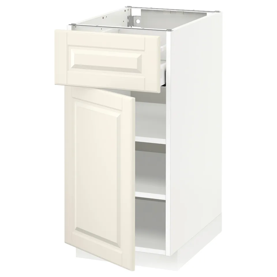 White off-white METOD kitchen cabinet with drawer, bevelled edges.
