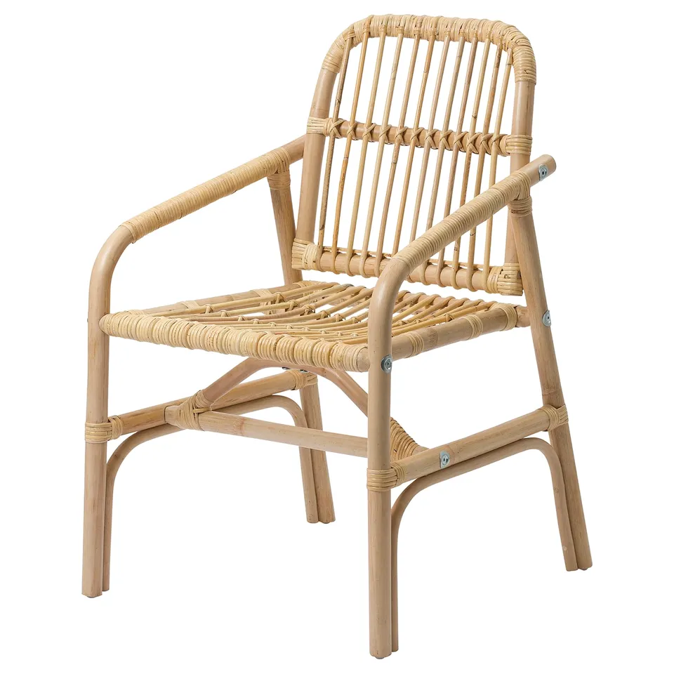 SALNÖ chair: natural woven rattan, beige, curved arms & back, handcrafted design.