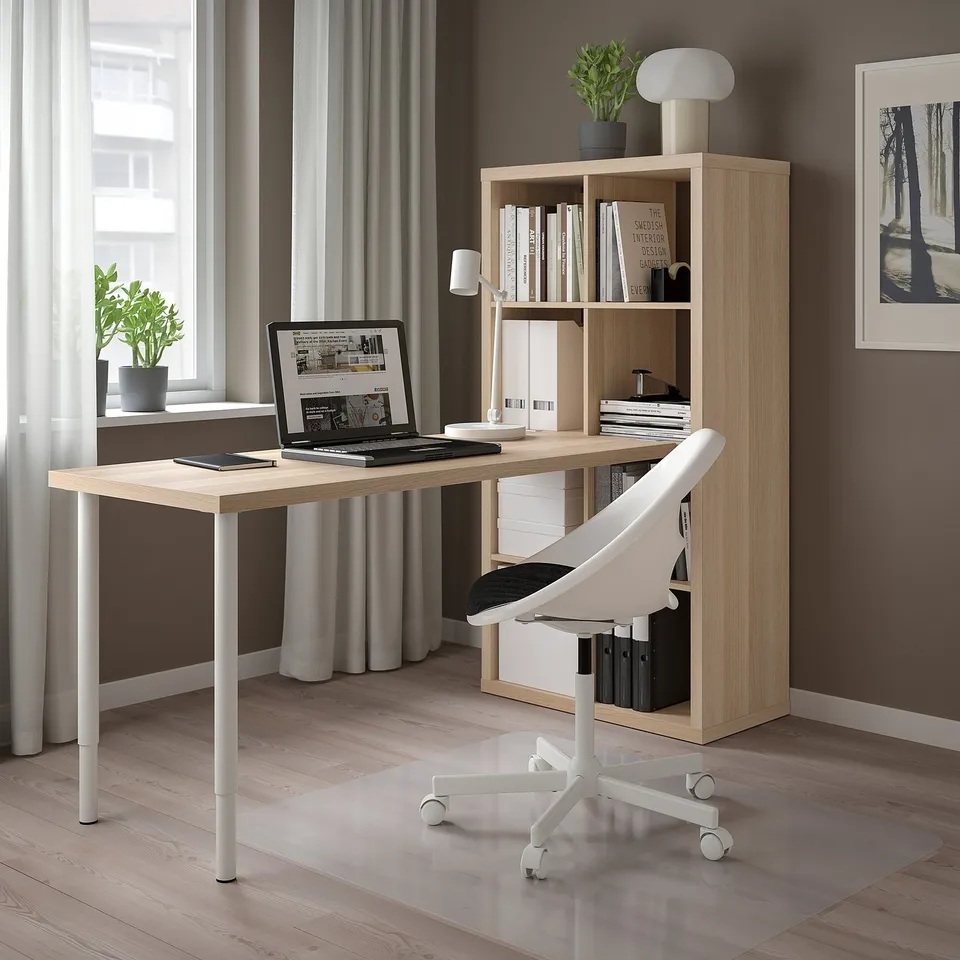 KALLAX light oak bookshelf in office, open & closed storage.
