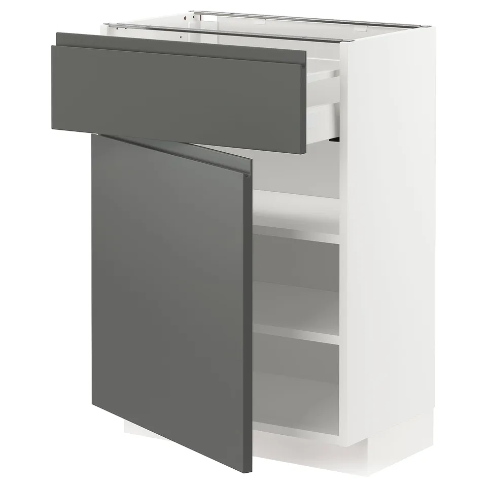 Modern kitchen unit with dark grey voxtorp fronts, featuring drawer and adjustable shelves.