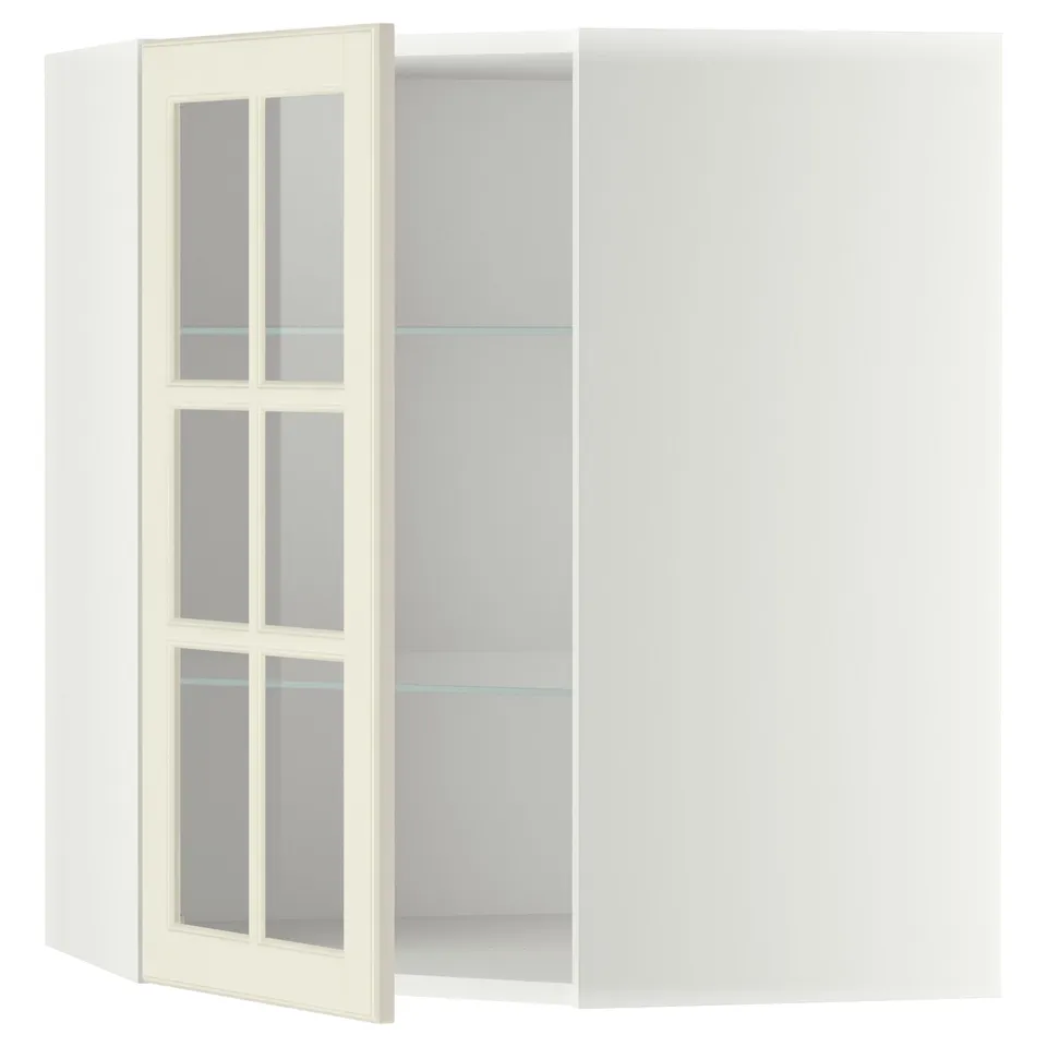 An off-white METOD kitchen cabinet with a glass door, featuring traditional design and adjustable shelves.