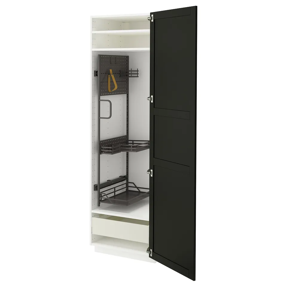 METOD kitchen cabinet in black with sliding shelves and drawers.