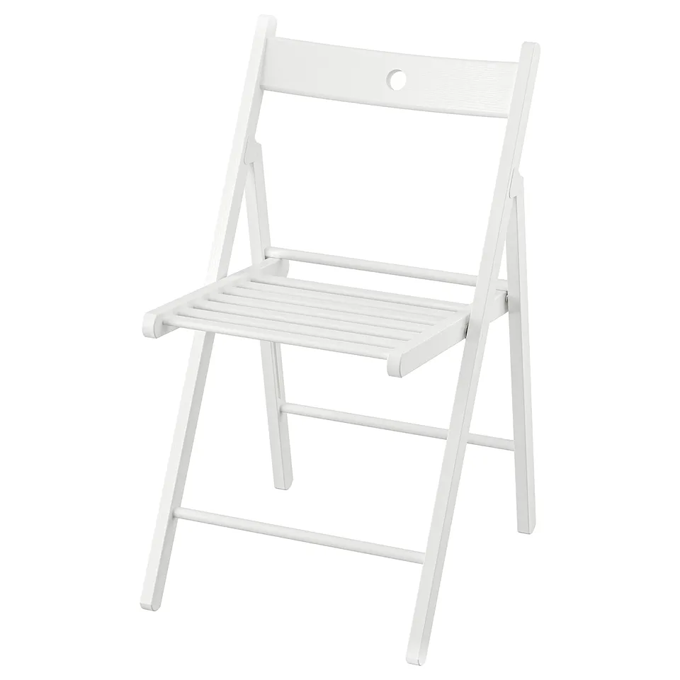 White frosvi folding chair. Made of solid beech, a simple design with a seat hole for hanging.
