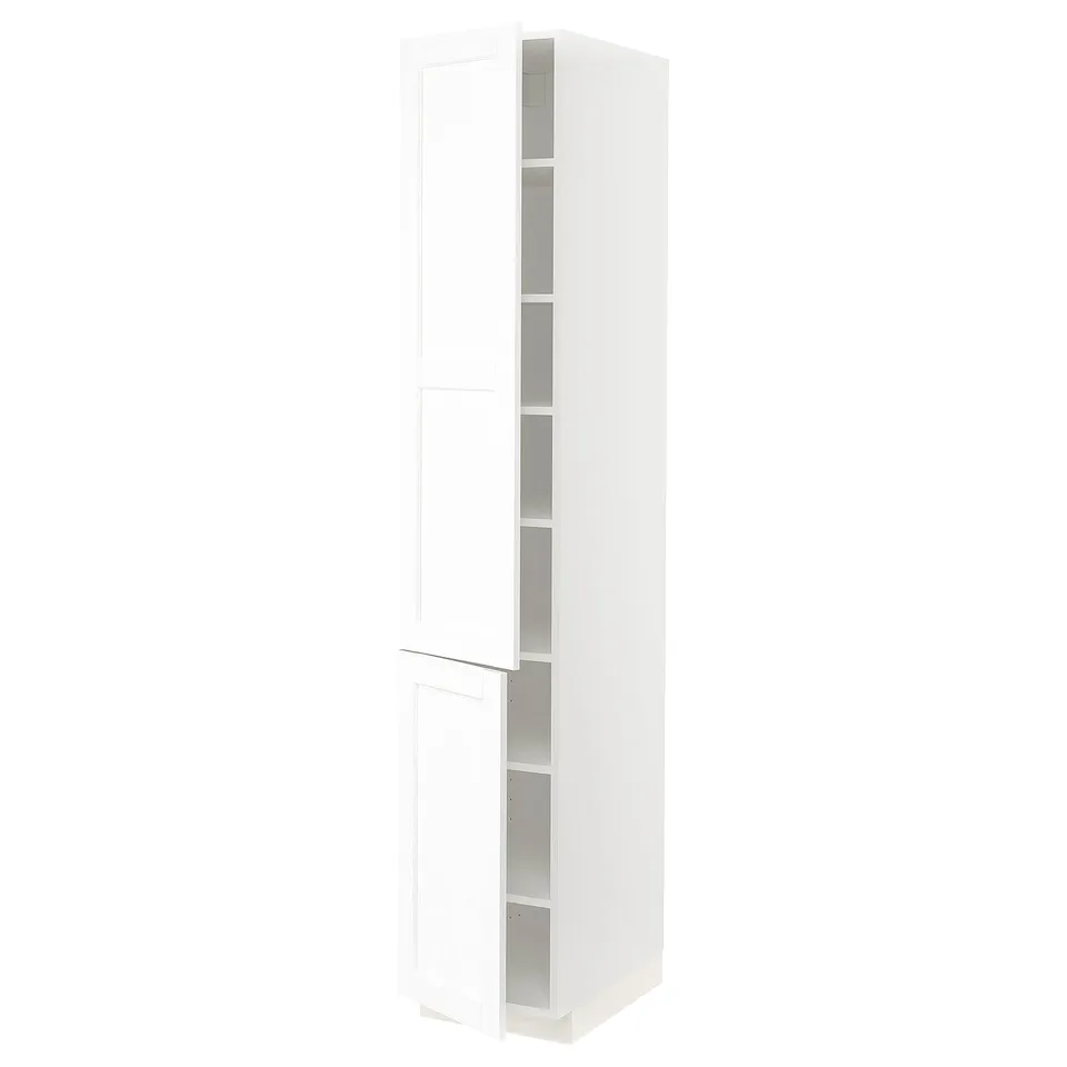 White, vertical kitchen cabinet with adjustable shelves from IKEAs METOD system.