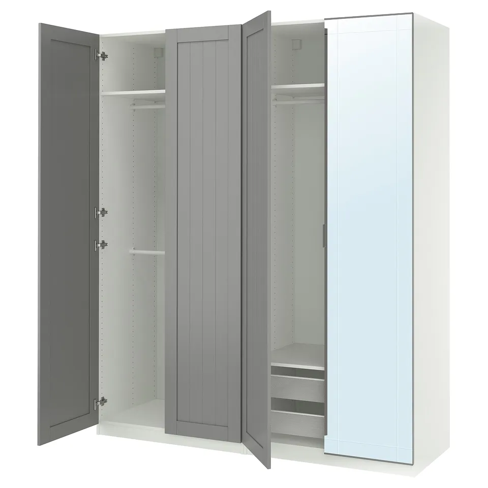 An open white and grey PAX wardrobe. It glass doors revealing organised shelves and hangers.