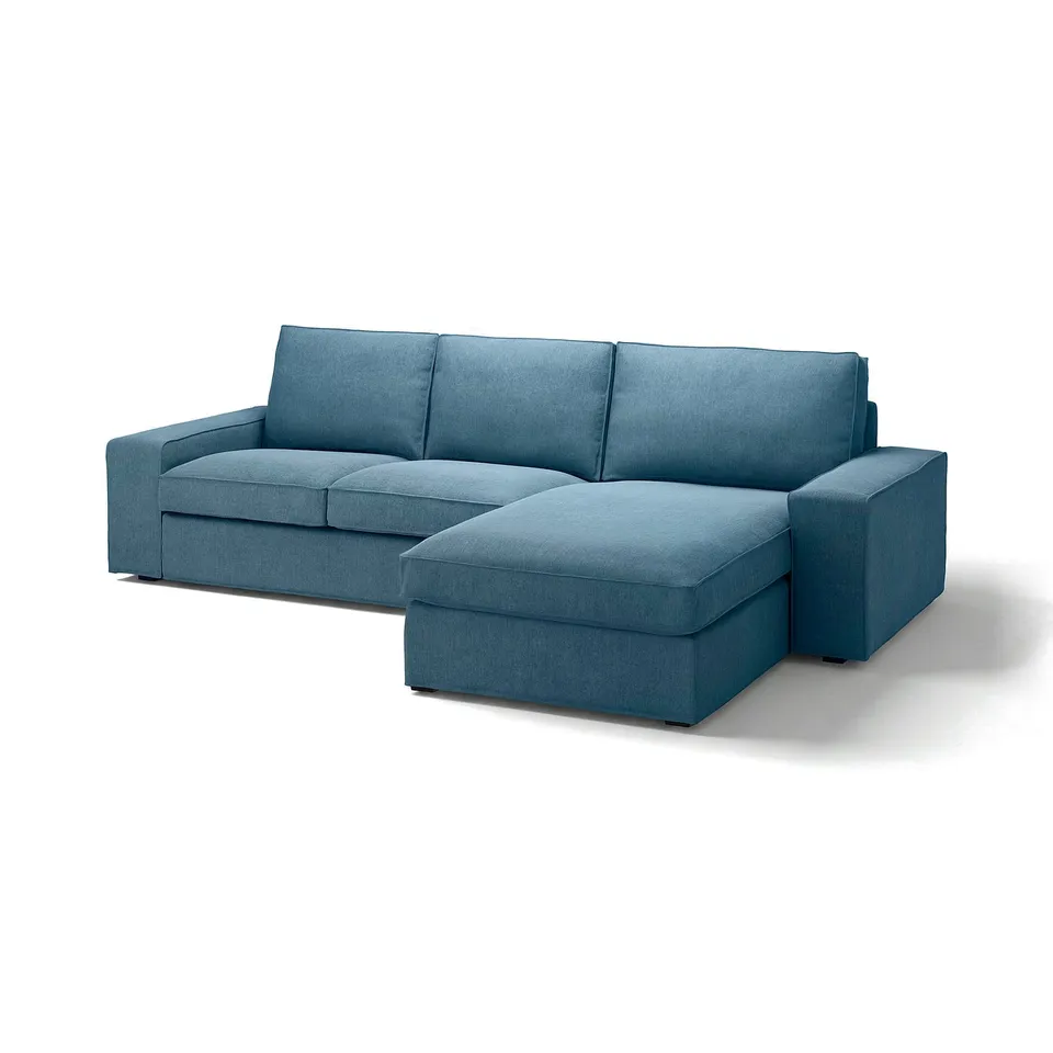 Teal KIVIK sectional sofa with chaise, deep cushions, low armrests.