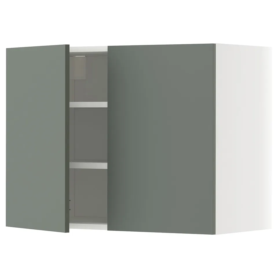 Modern grey-green METOD kitchen cabinet, featuring two adjustable shelves and sturdy frame.