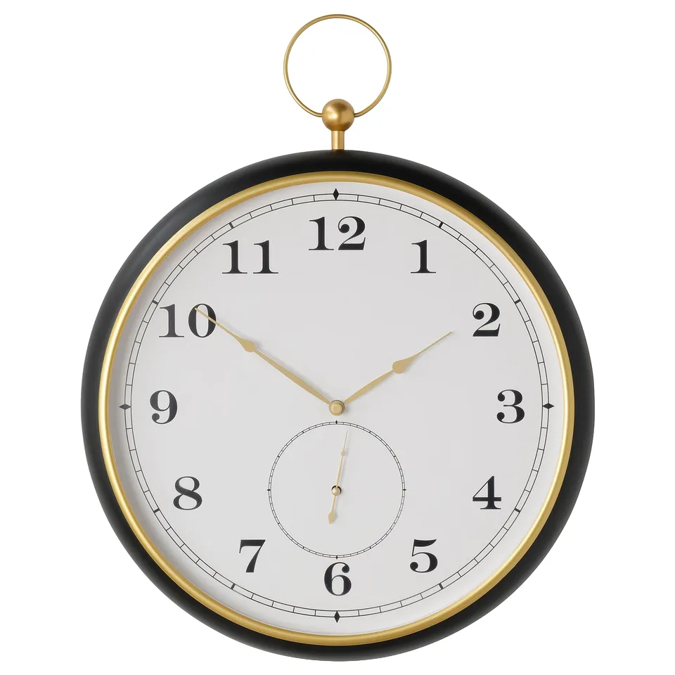 KUTTERSMYCKE black & gold wall clock, shaped like a classic pocket watch with silent quartz movement.