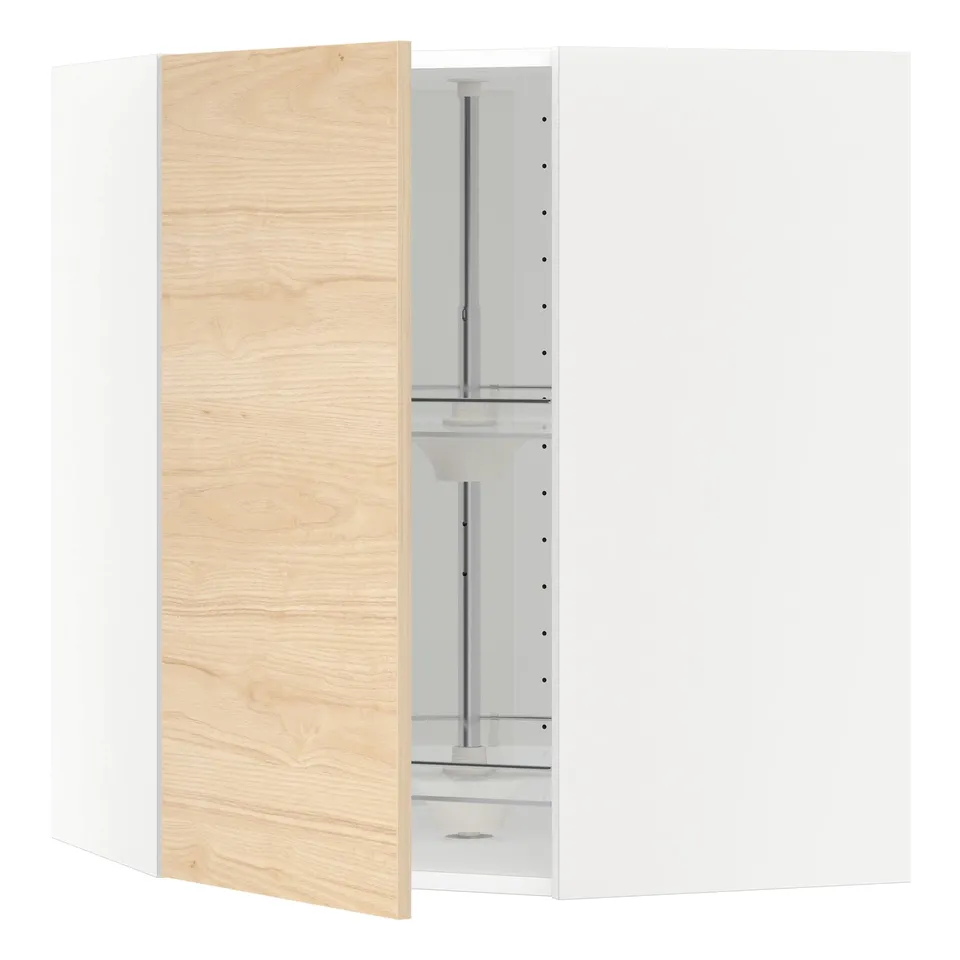 This image a light ash-colored kitchen cabinet from the METOD series by IKEA, with an open door revealing an adjustable glass shelf.