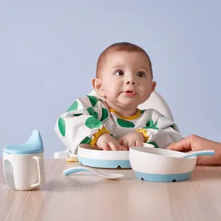 BÖRJA set: feeding spoon and baby spoon + plate/bowl + training beaker, white/blue