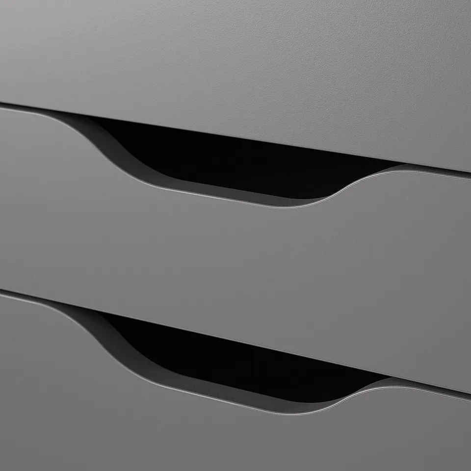 Close-up of grey modern furniture drawers, smooth surface, sleek handles, high-quality finish.