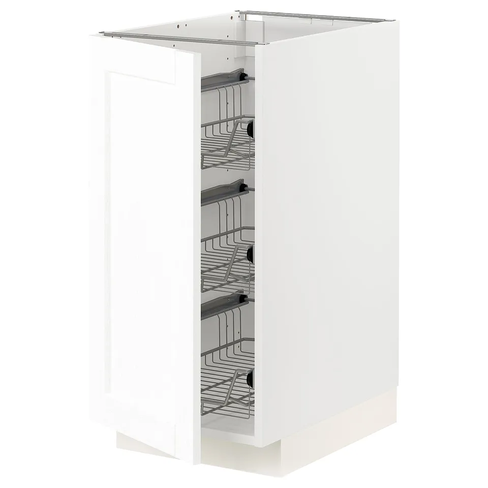 METOD white kitchen cabinet with pull-out wire baskets, classic design.