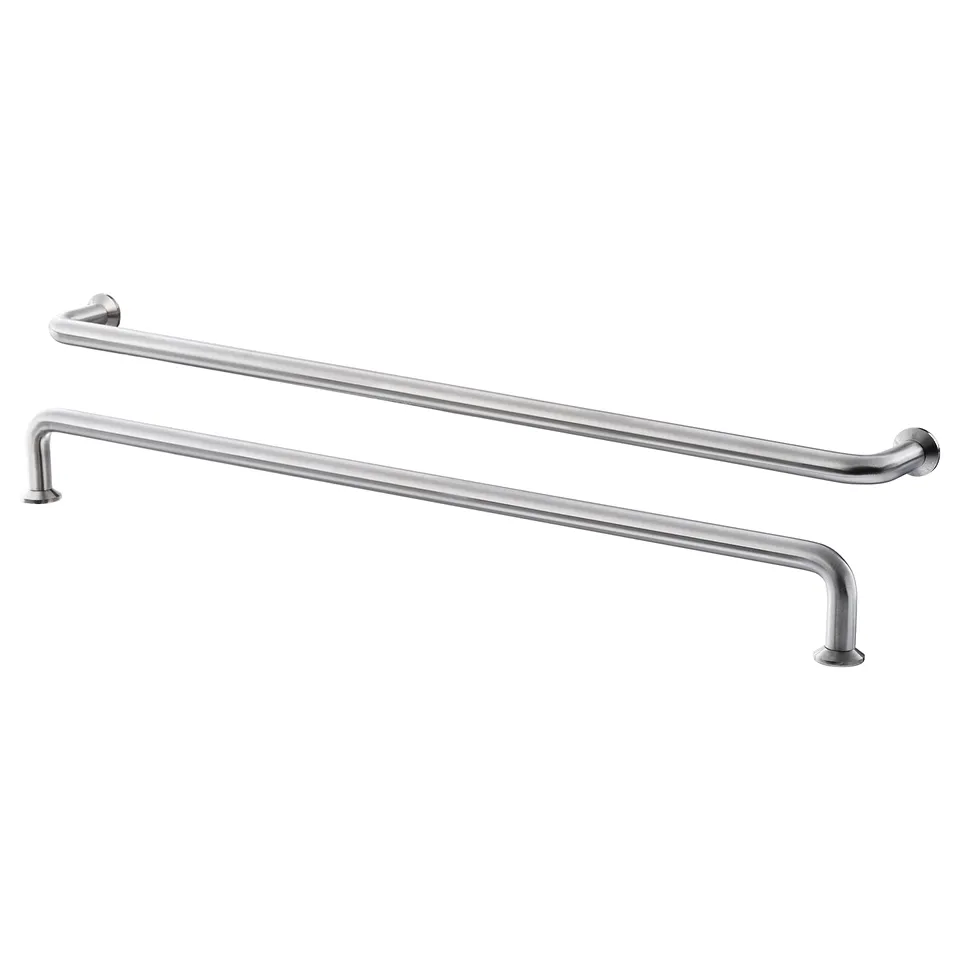 Two sleek, stainless steel BAGGANÄS handles, curved design, placed horizontally.