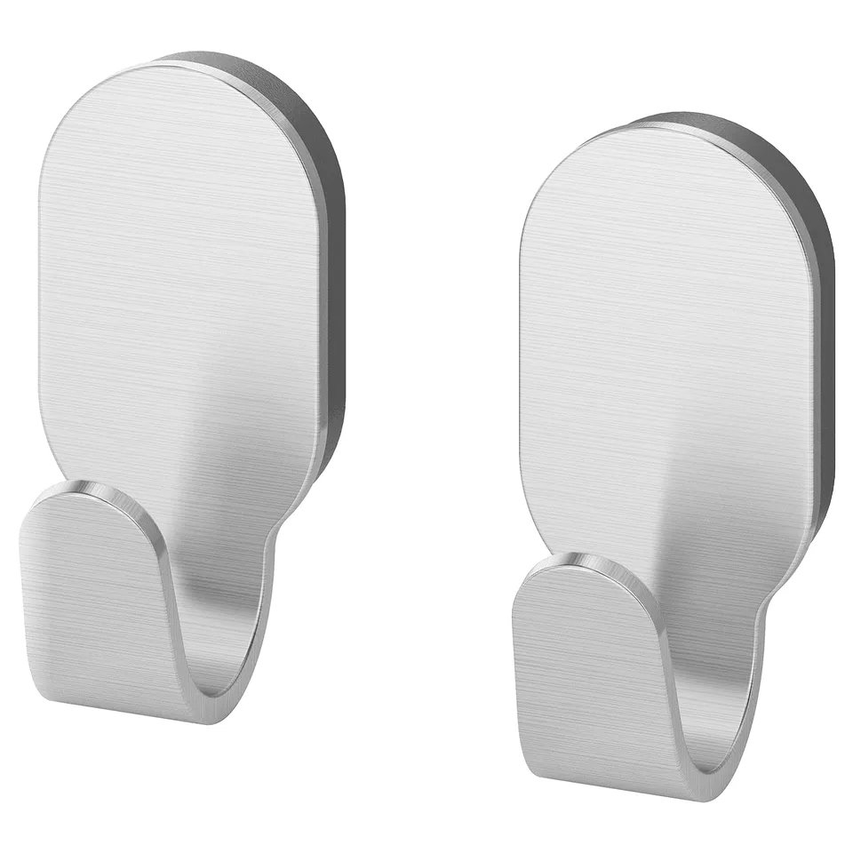 Two silver stainless steel hooks with modern design, no visible screws, ideal for organising.