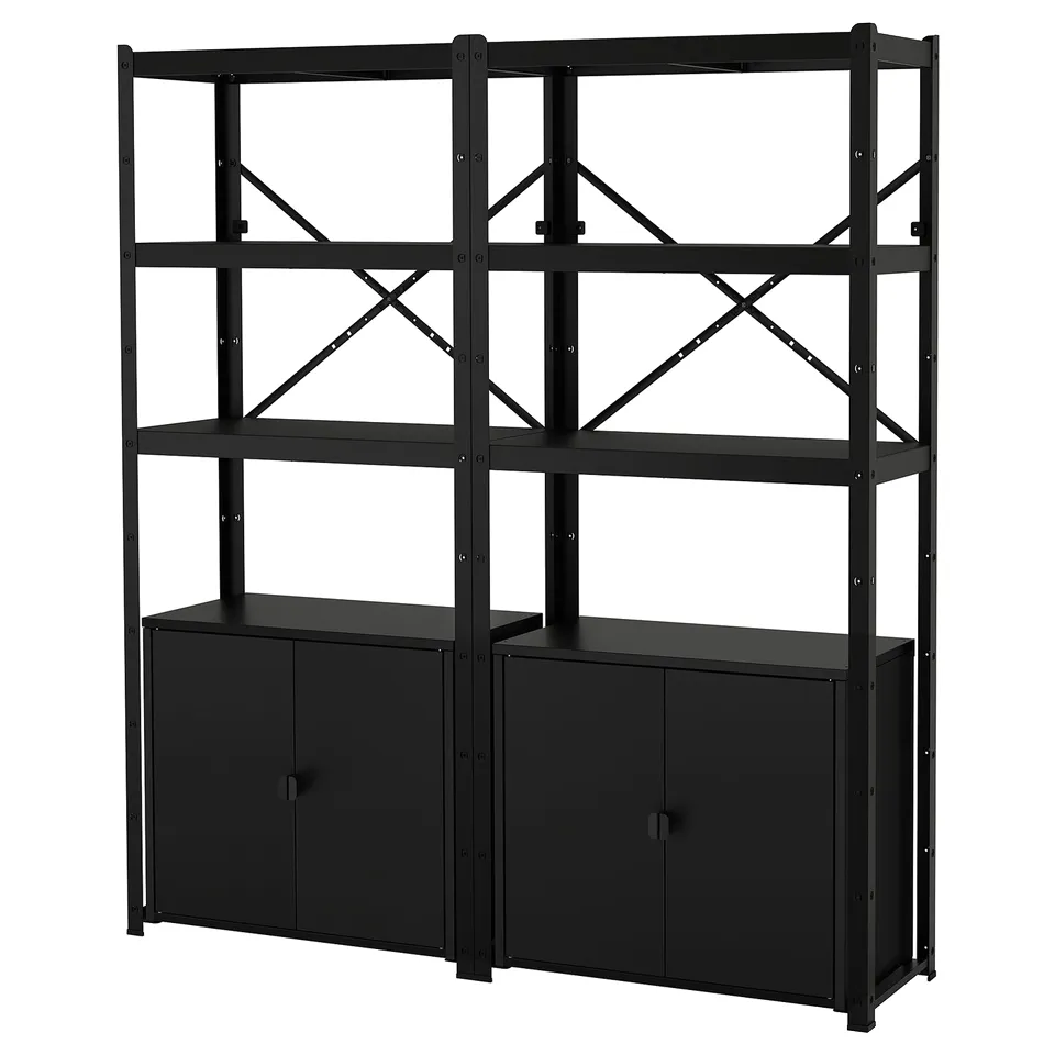Black metal shelving unit with two cabinets, four open shelves, robust and versatile design for heavy-duty storage.