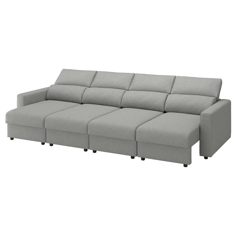 Modern grey sofa with adjustable sections and chaise lounges. Comfortable and stylish with clean lines.
