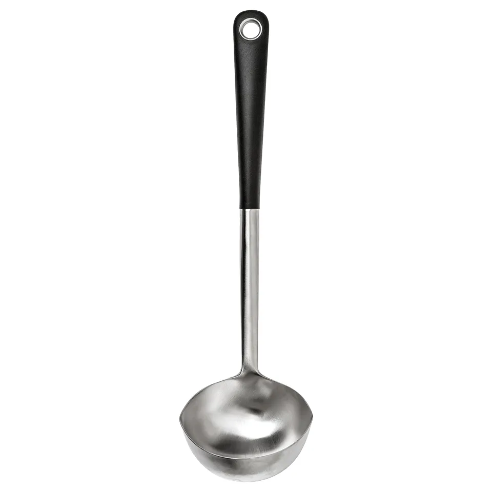A sleek black-handled ladle from ikea 365+, featuring a polished steel bowl and ring for secure handling.