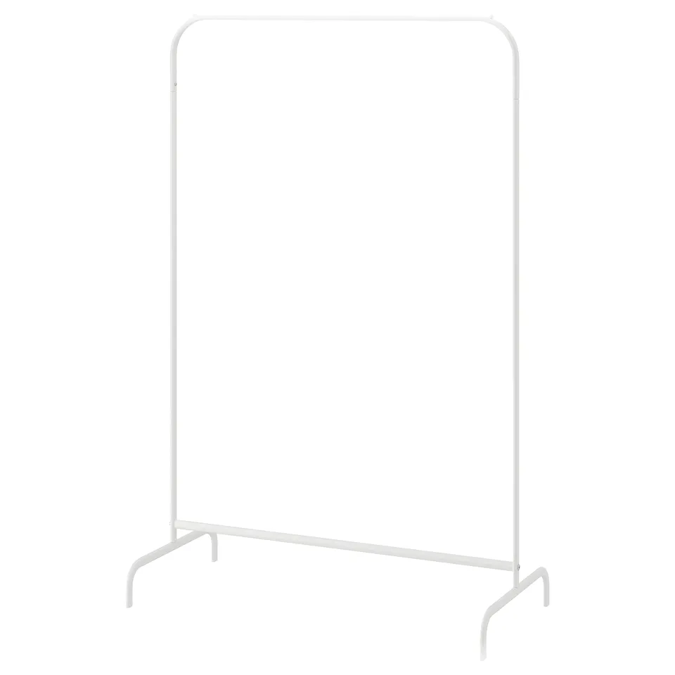 Minimalist white MULIG closet rack, rectangular, curved top, steel, plastic feet.