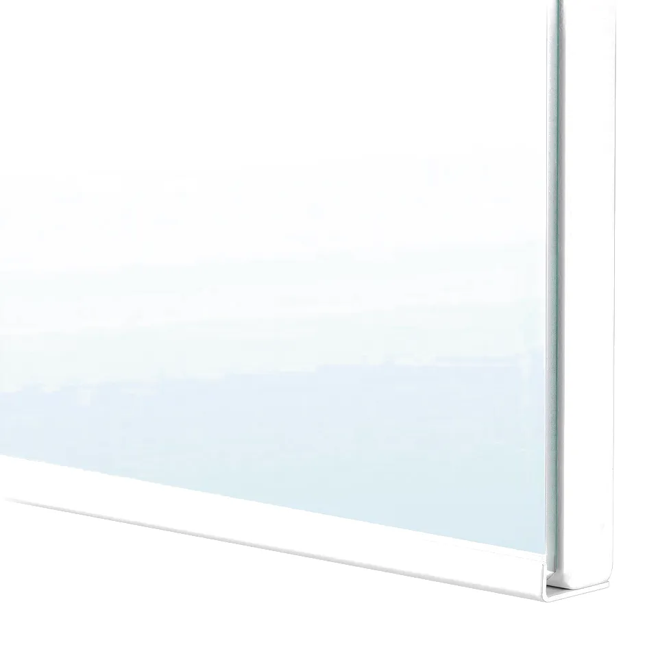 Close-up of a sleek, modern mirror with a thin frame, reflective surface, and integrated lighting.