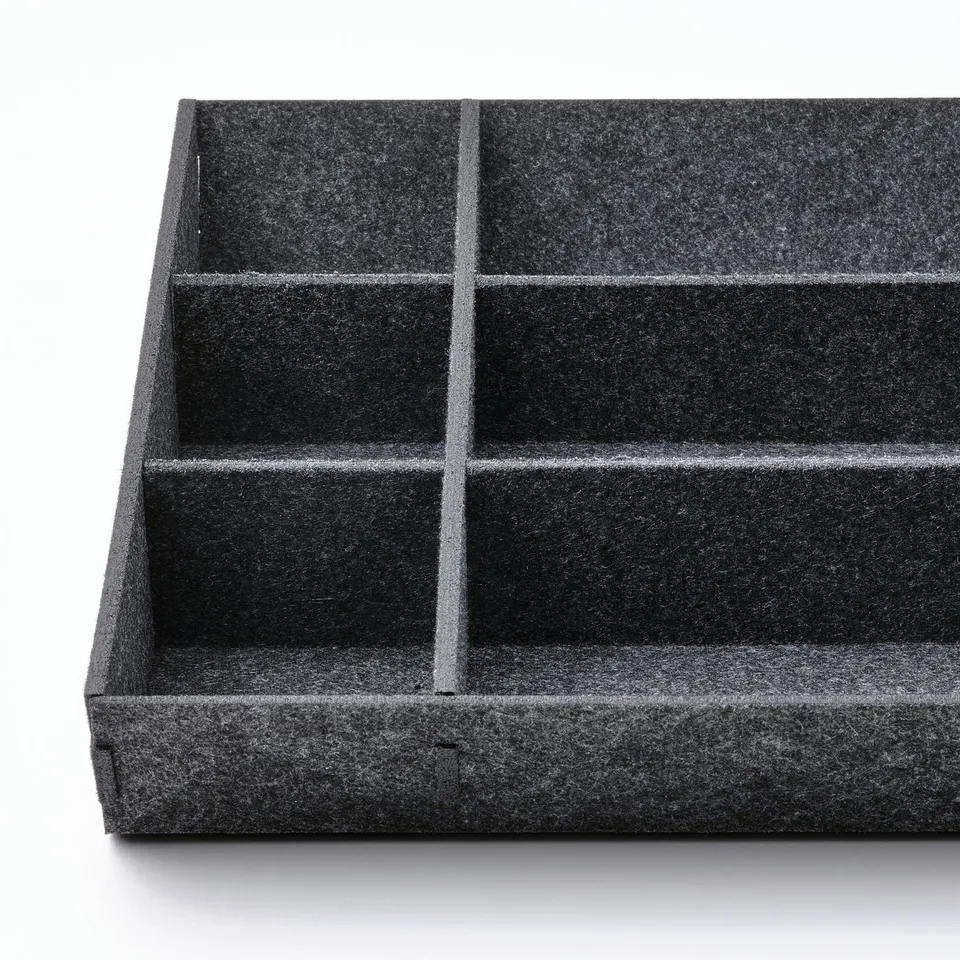 Black drawer organiser with multiple compartments, showcasing high-quality, soft material. Dividers are adjustable for customization.
