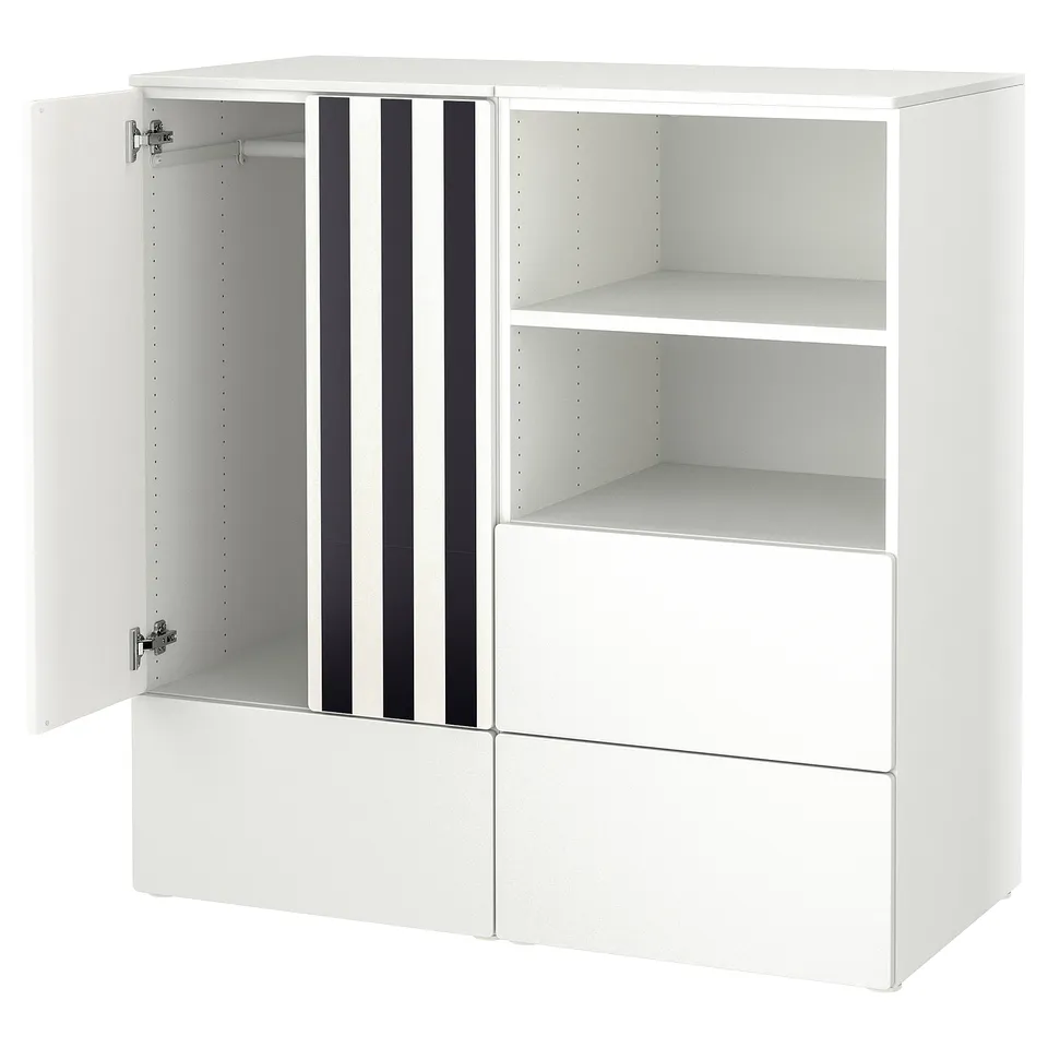 A white SMÅSTAD childrens storage unit with open shelves and drawers, designed for easy access and organisation.