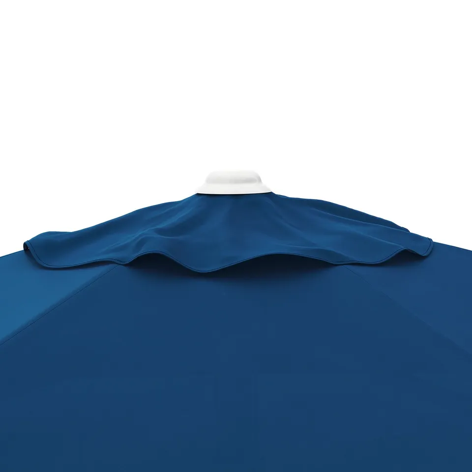 Closed dark blue parasol, quality fabric and stitching visible, white handle at top.