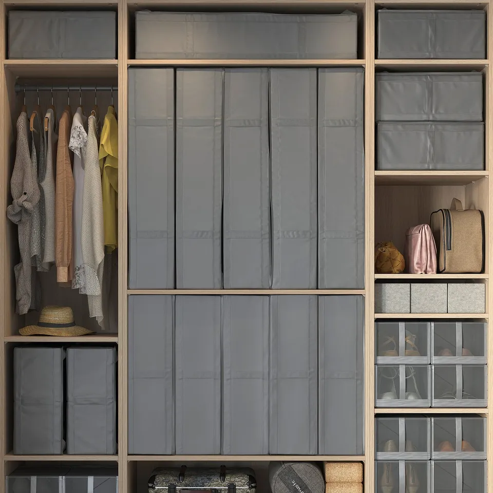 Grey SKUBB boxes in organised closet, clothes hang, boxes stack neatly.