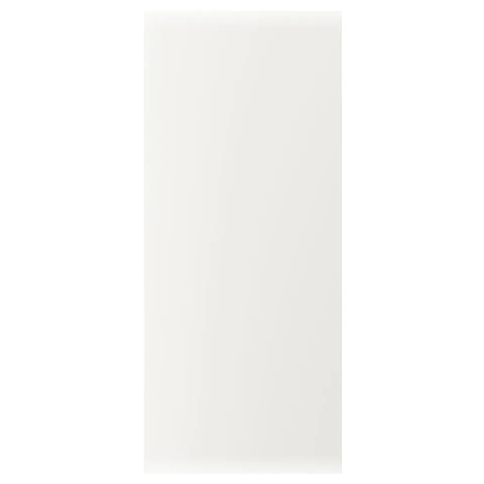 White VEDDINGE kitchen cabinet; sleek, square, modern design, fiberboard material.