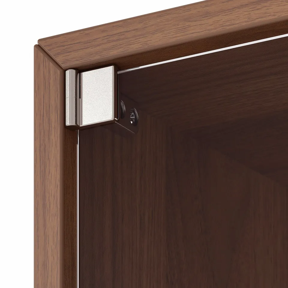 Close-up of stylish, dark wooden cabinet with sleek metal hinge, displaying sturdy design and high-quality finish.