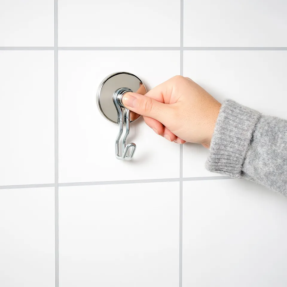 Person adjusting silver KROKFJORDEN hook on tiled wall.