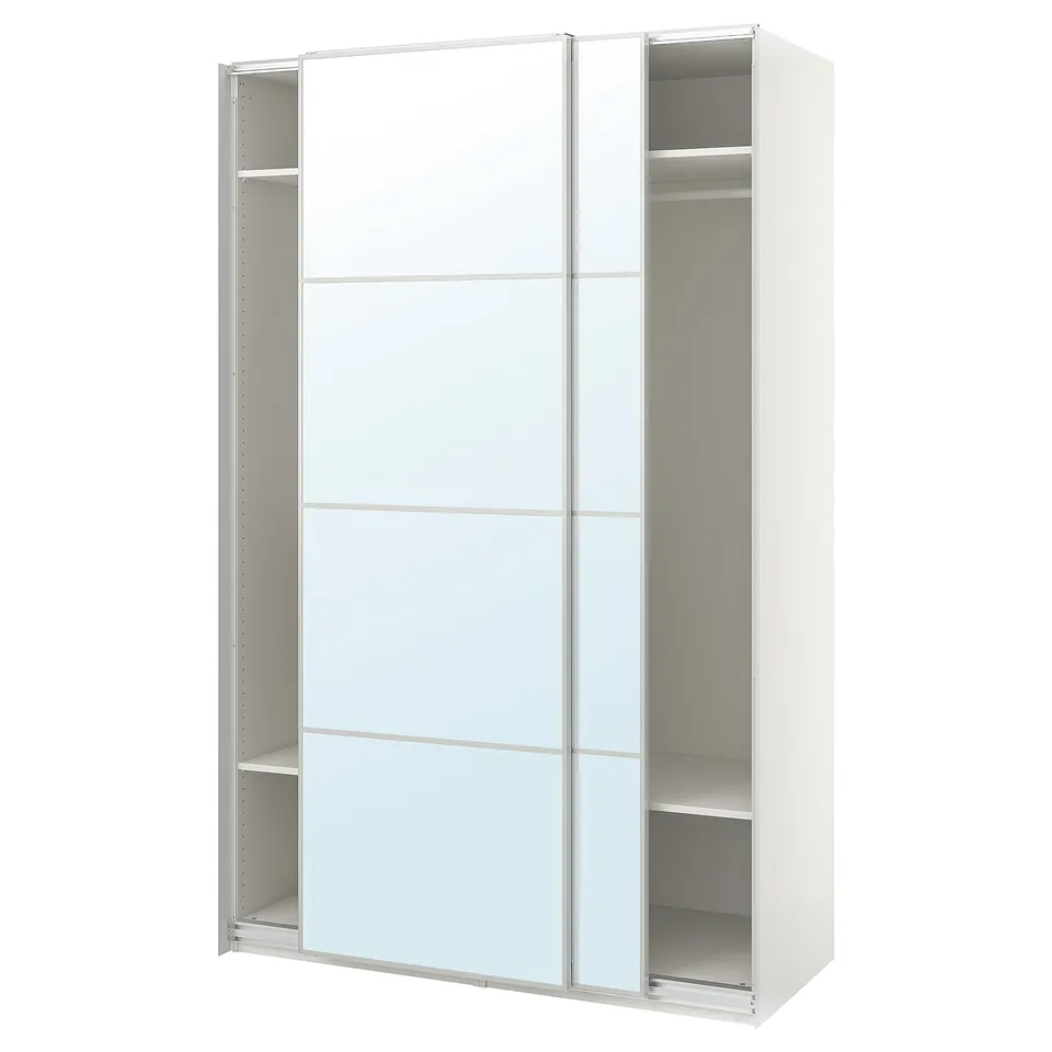 Displays a white ikea PAX wardrobe with mirrored sliding doors and internal shelves.