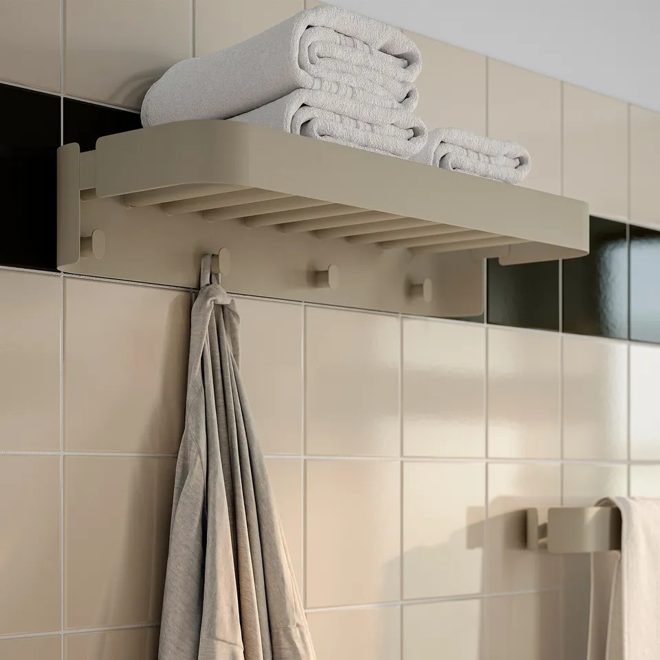 FLORSJÖN Wall shelf with 4 hooks, beige, 55x10 cm