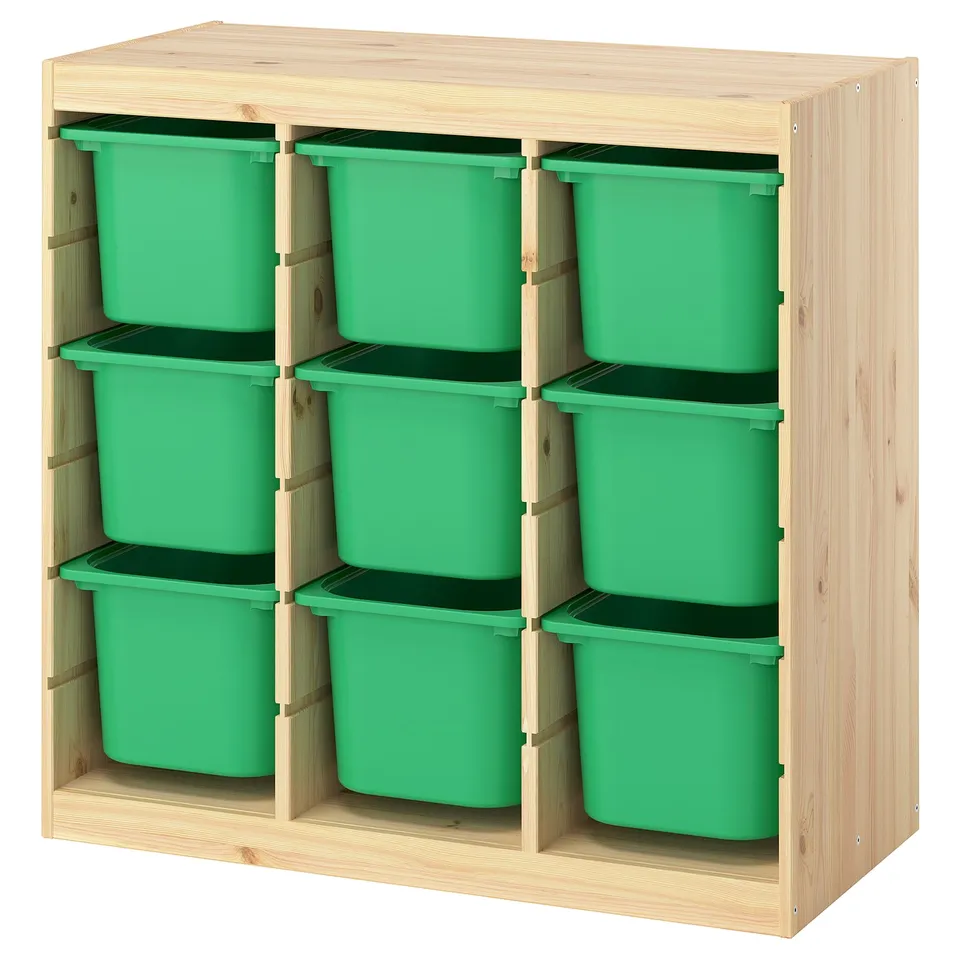 TROFAST Storage combination with boxes, room divider/light white stained pine bright green, 93x44x91 cm