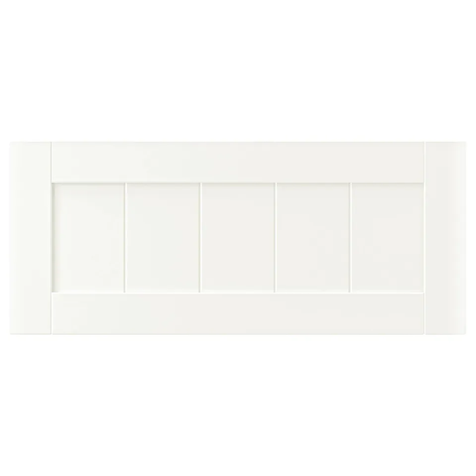 Describe white modern rectangular headboard, clean-lined design, made of fibreboard and painted with acrylic and polyester finishes.