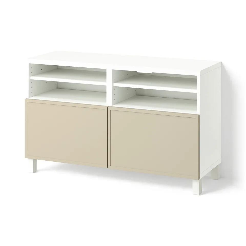 BESTÅ TV bench with doors, white/Krukmakare beige, 120x42x74 cm