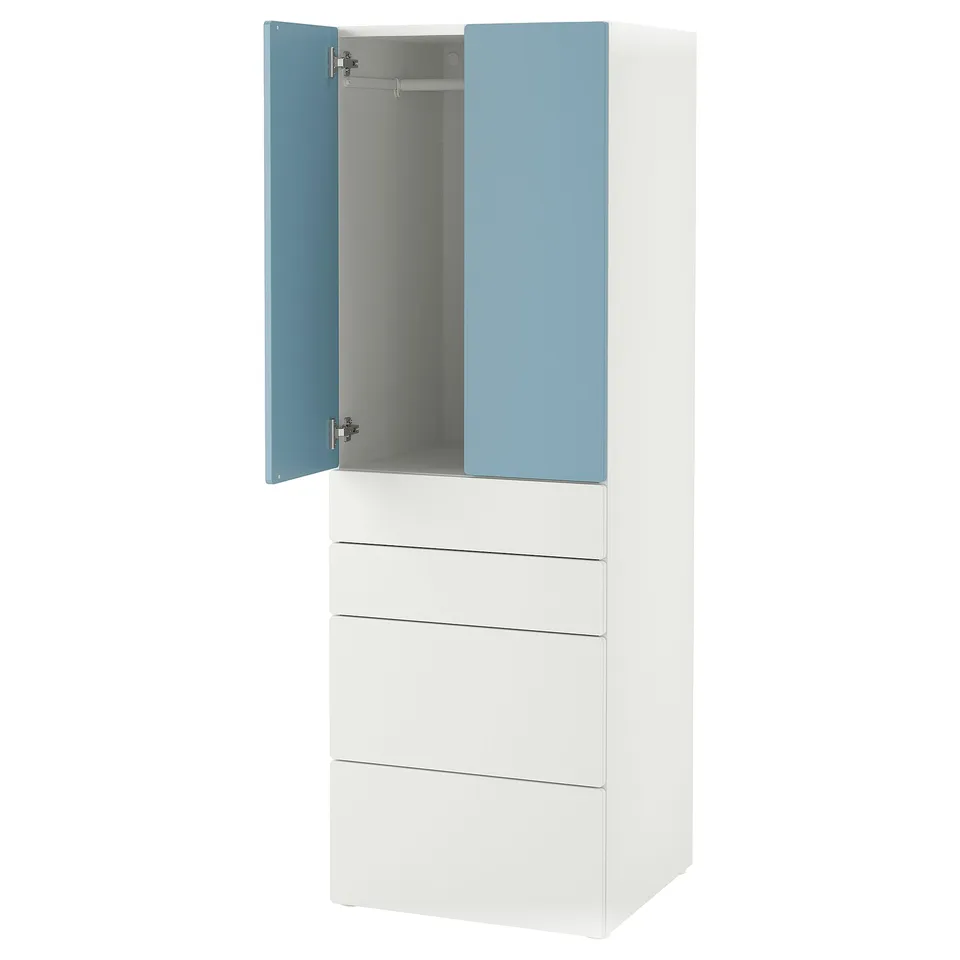 SMÅSTAD white wardrobe with blue door, three drawers, and soft-close hinges.