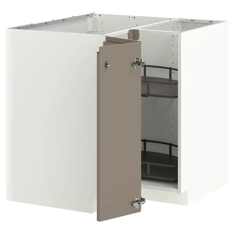 METOD Corner base cabinet with carousel, white/Voxtorp high-gloss dark grey-brown, 88x88x80 cm