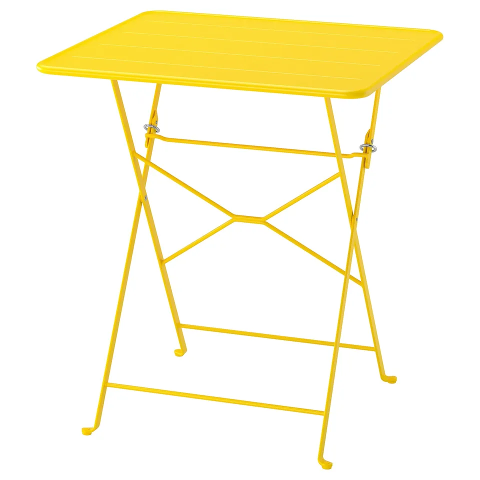 Bright yellow foldable outdoor table with metal frame and square top, perfect for small spaces.
