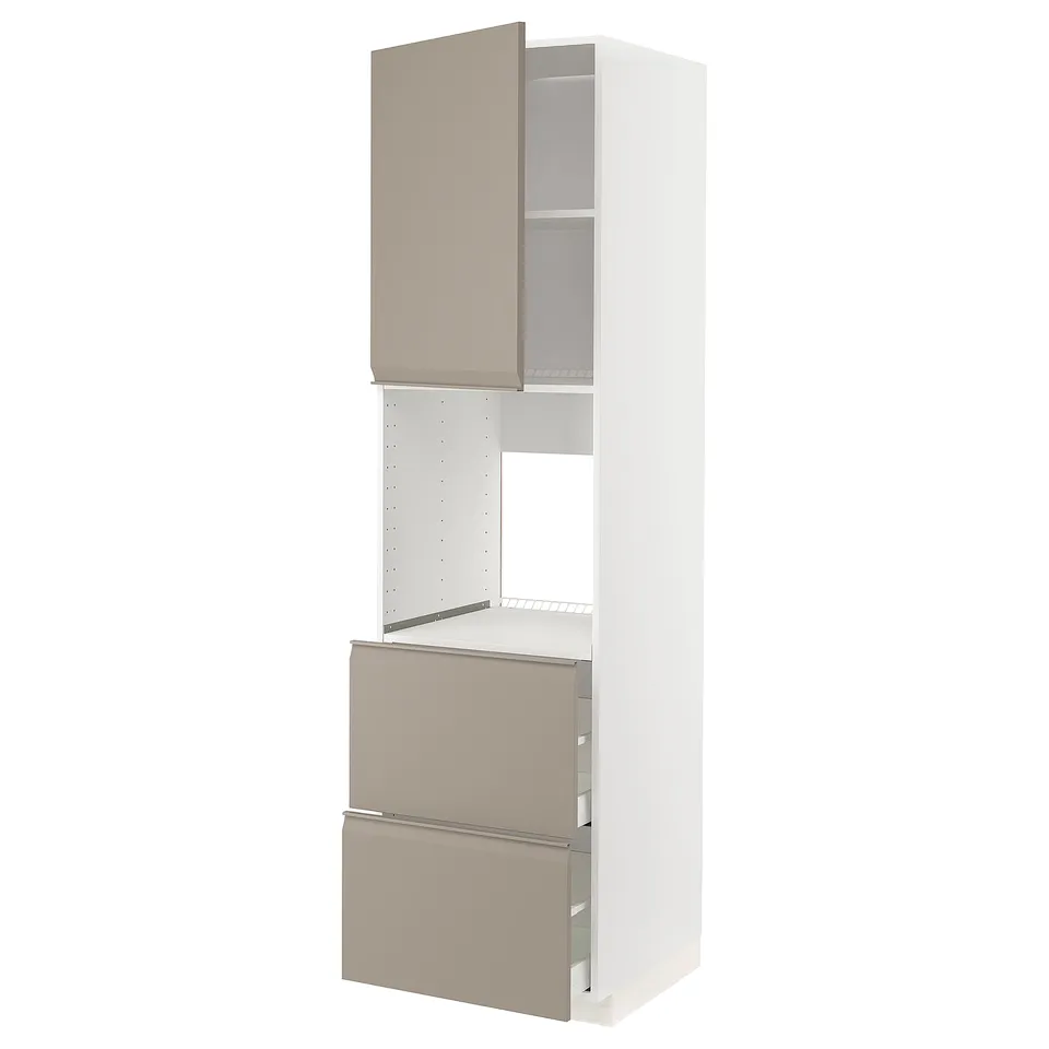 Modern, tall kitchen cabinet with grey-beige doors and integrated handles.
