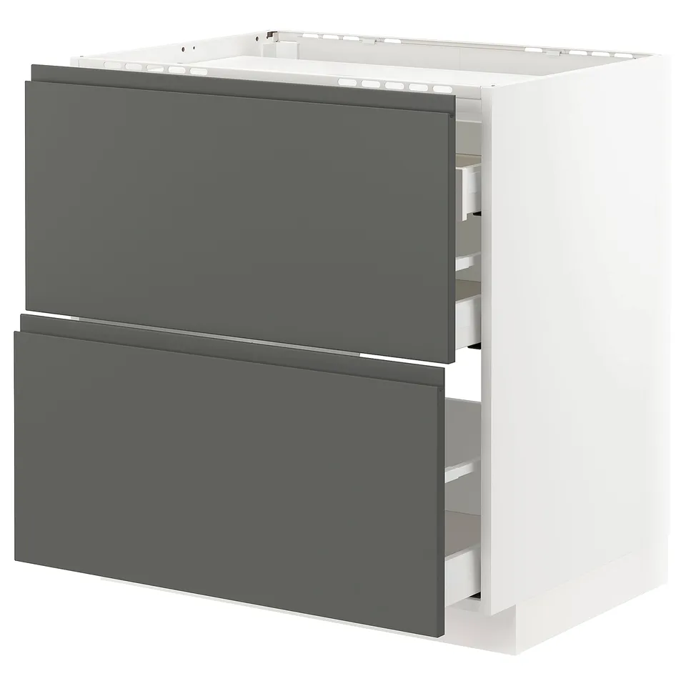 A modern, dark grey kitchen cabinet system with integrated handles. It multiple drawers and a sleek, minimalist design.