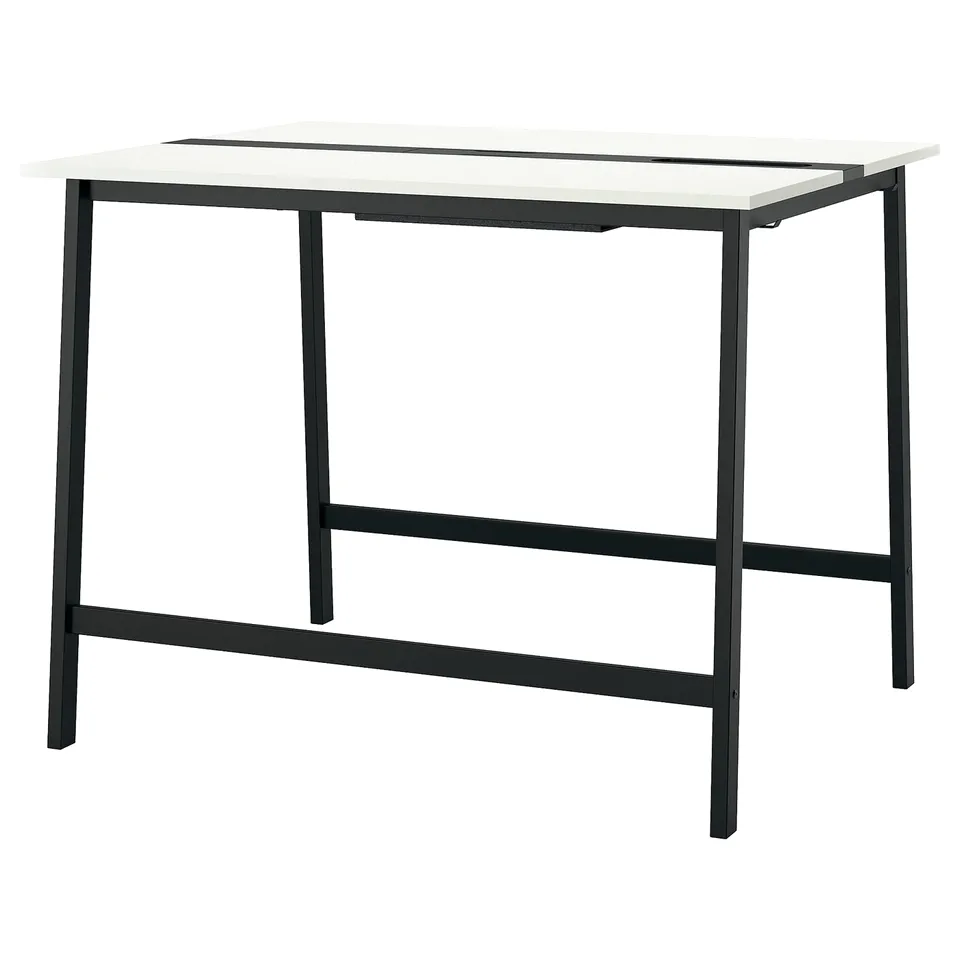 White-topped mitzon desk, black legs, modern.