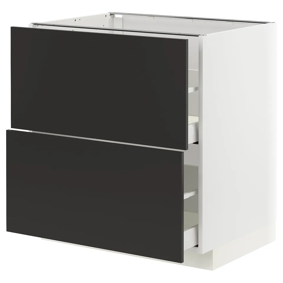 Modern kitchen cabinet, black METOD with two drawers, sleek design.