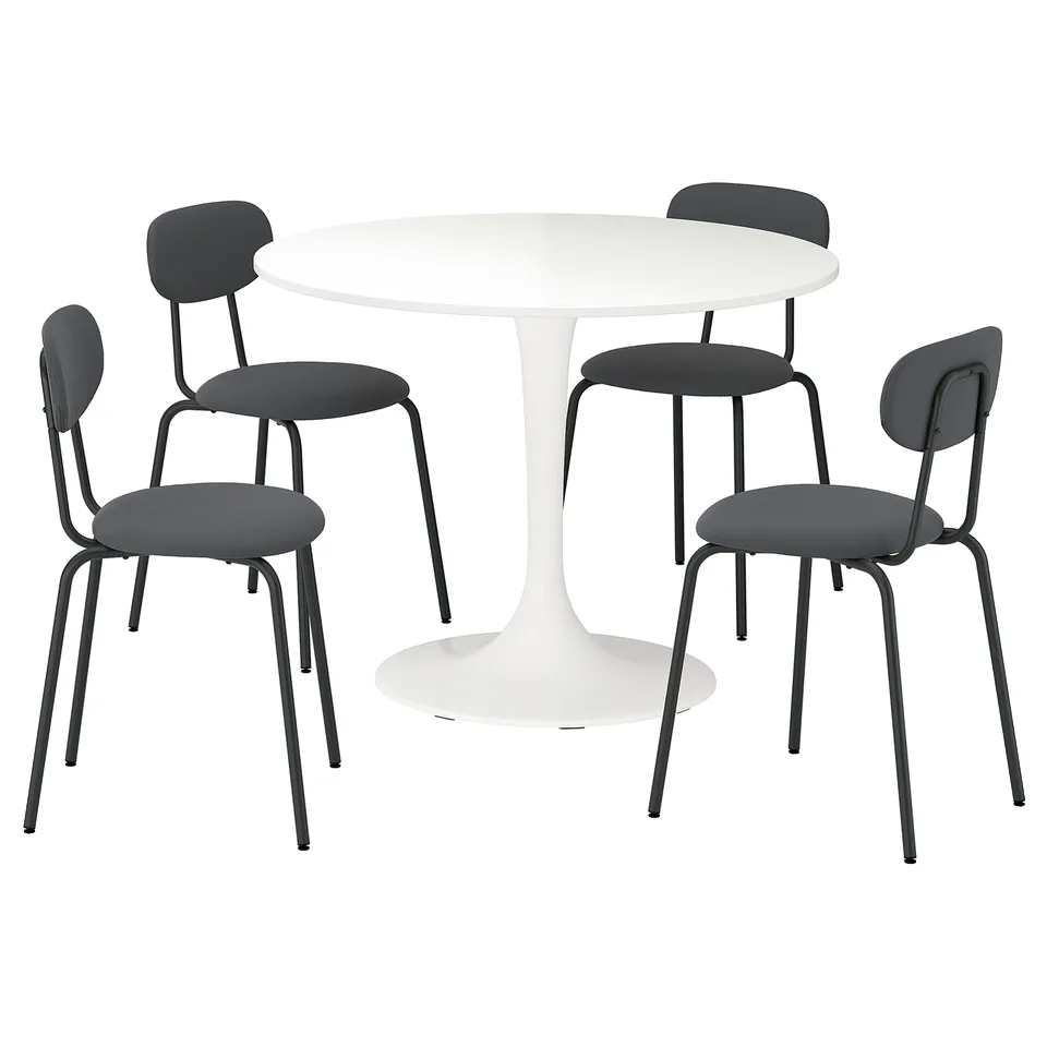 DOCKSTA set: round white table, four grey fabric chairs with metal legs. Modern, sleek design.