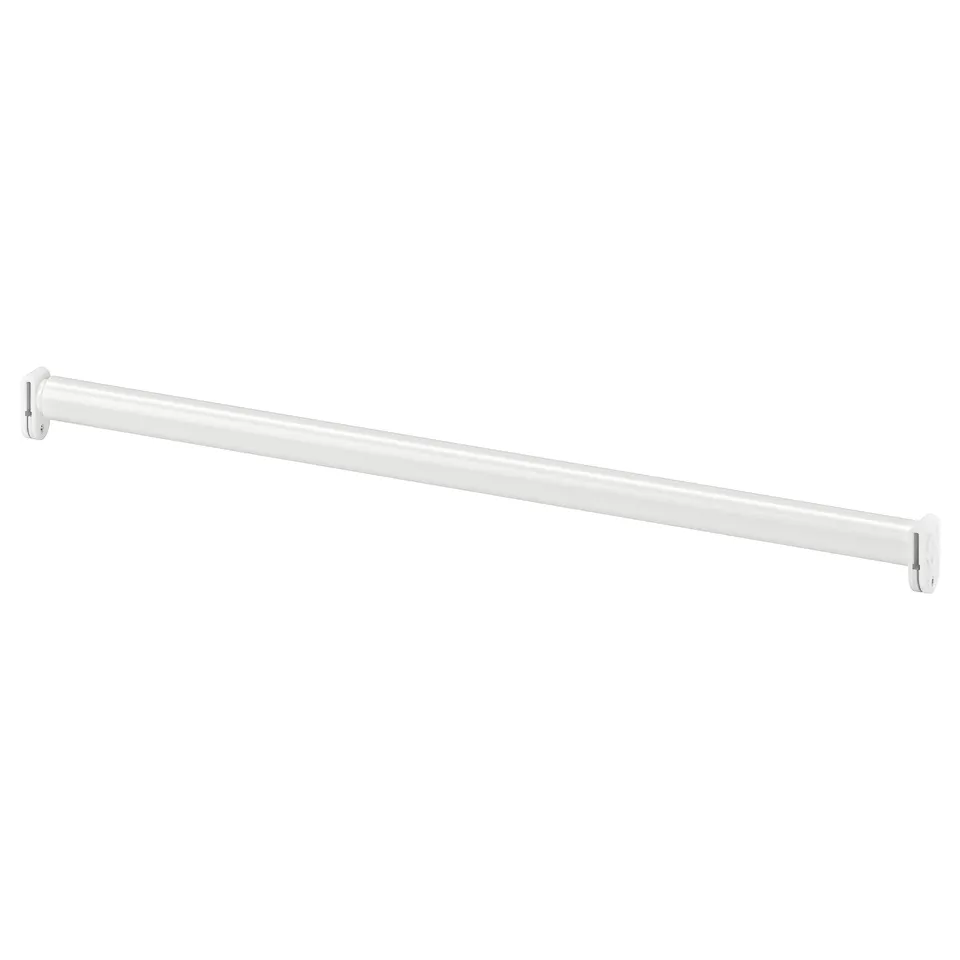 A white HJÄLPA adjustable clothes rail made of steel with plastic connexions and a rubber stop fitting.