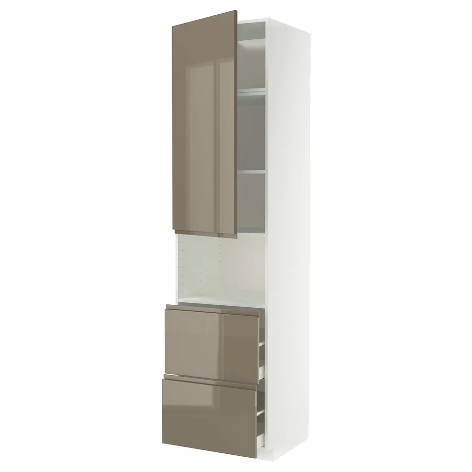 White ikea METOD kitchen cabinet with glossy grey-brown voxtorp fronts, offering upper and lower storage.