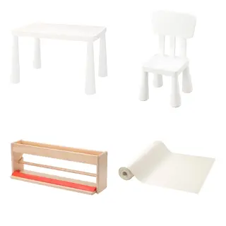 MAMMUT/MÅLA set: children's table + children's chair + paper roll holder with storage + drawing paper roll, in/outdoor white + in/outdoor/white, 77x55 cm